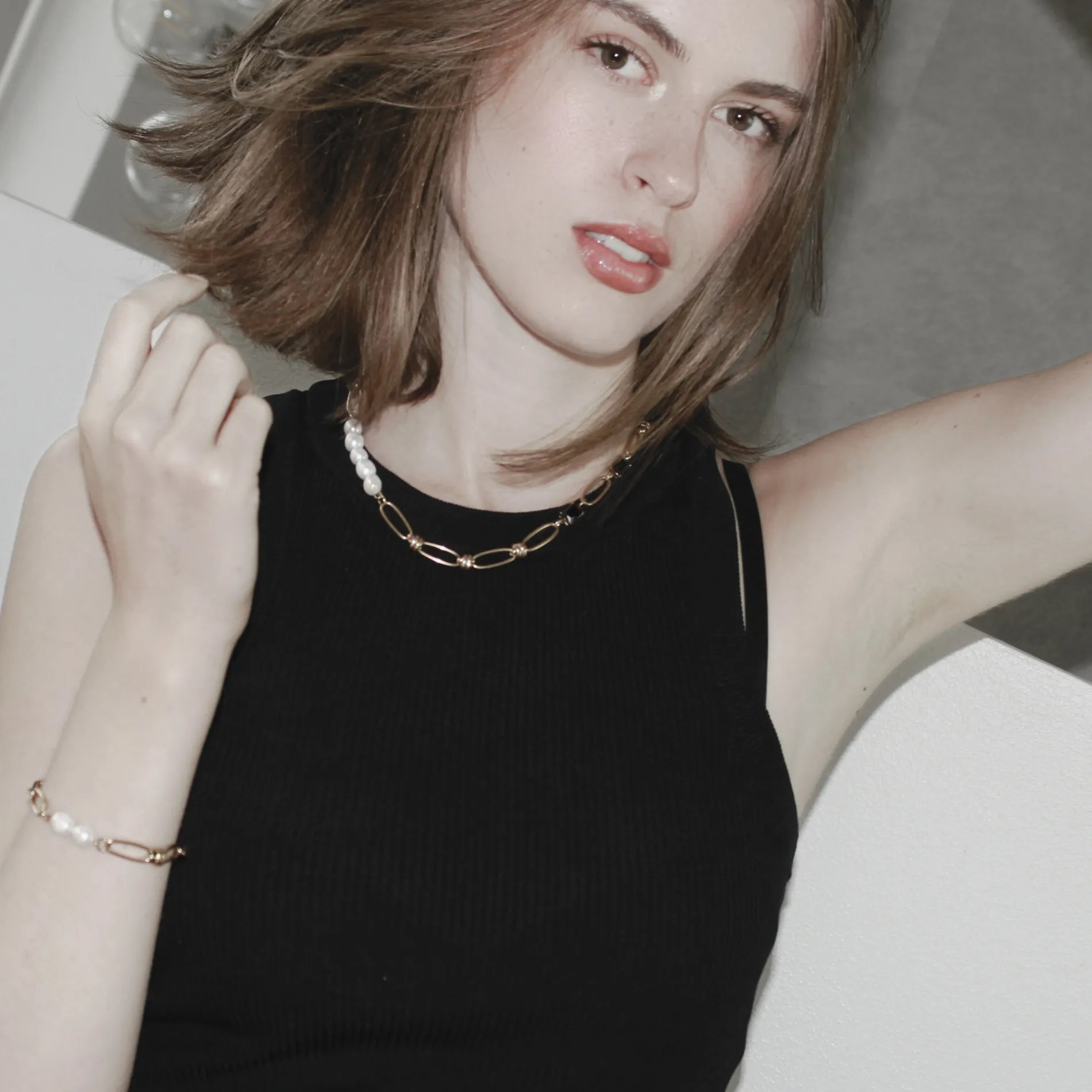 Joy Waterproof CZ & Pearl Link Bracelet 18K Gold Plating, Dansk Copenhagen