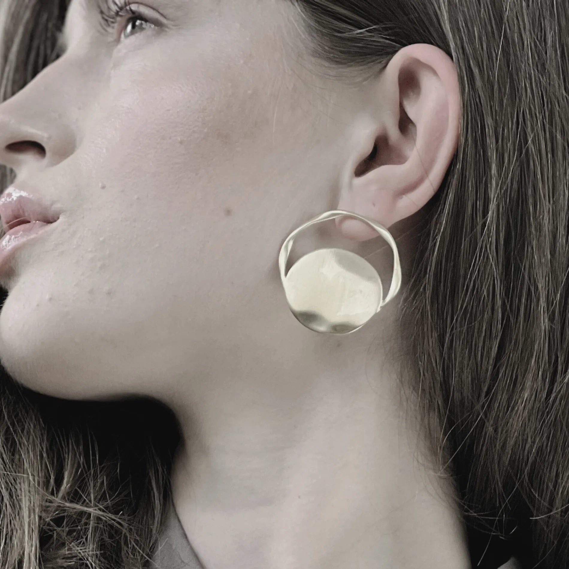 Courage Waterproof Brushed Artfull Round Statement Earring 18K Gold Plating, DNSK Copenhagen