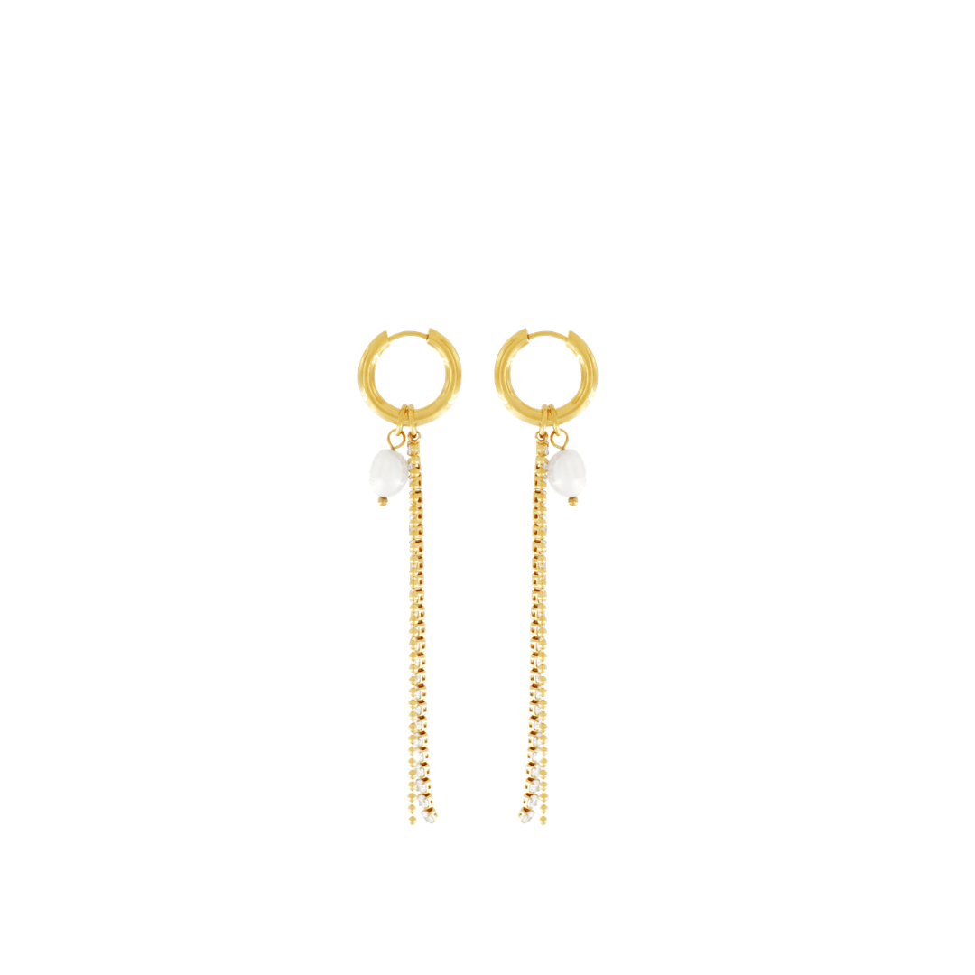 Joy Waterproof CZ Chain & Pearl Huggie 18K Gold Plating -DNSK Copenhagen