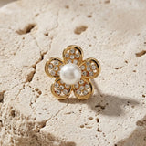 Ingunn CZ & Parel Madeliefje Knoopbedekking 14mm Verguld