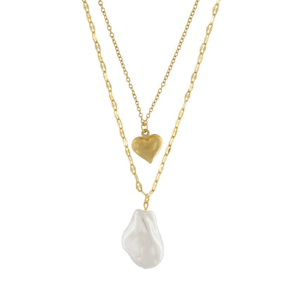Love Waterproof Pre Layered Small Heart & Pearl Necklace 18 Carat Gold