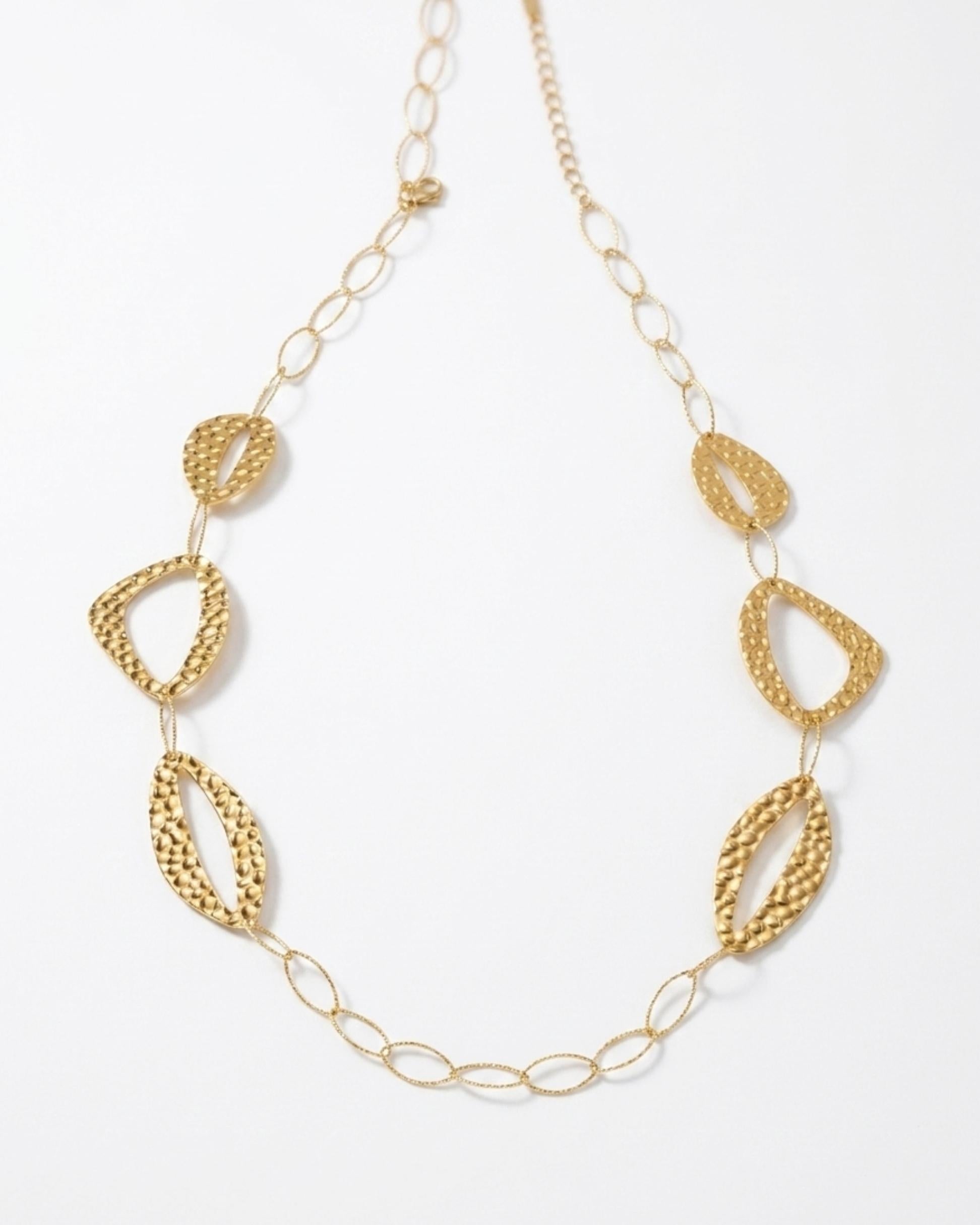 RAGNA Waterproof 18K Gold Plated Long Statement Necklace - Hammered Stainless Steel - DANSK Copenhagen