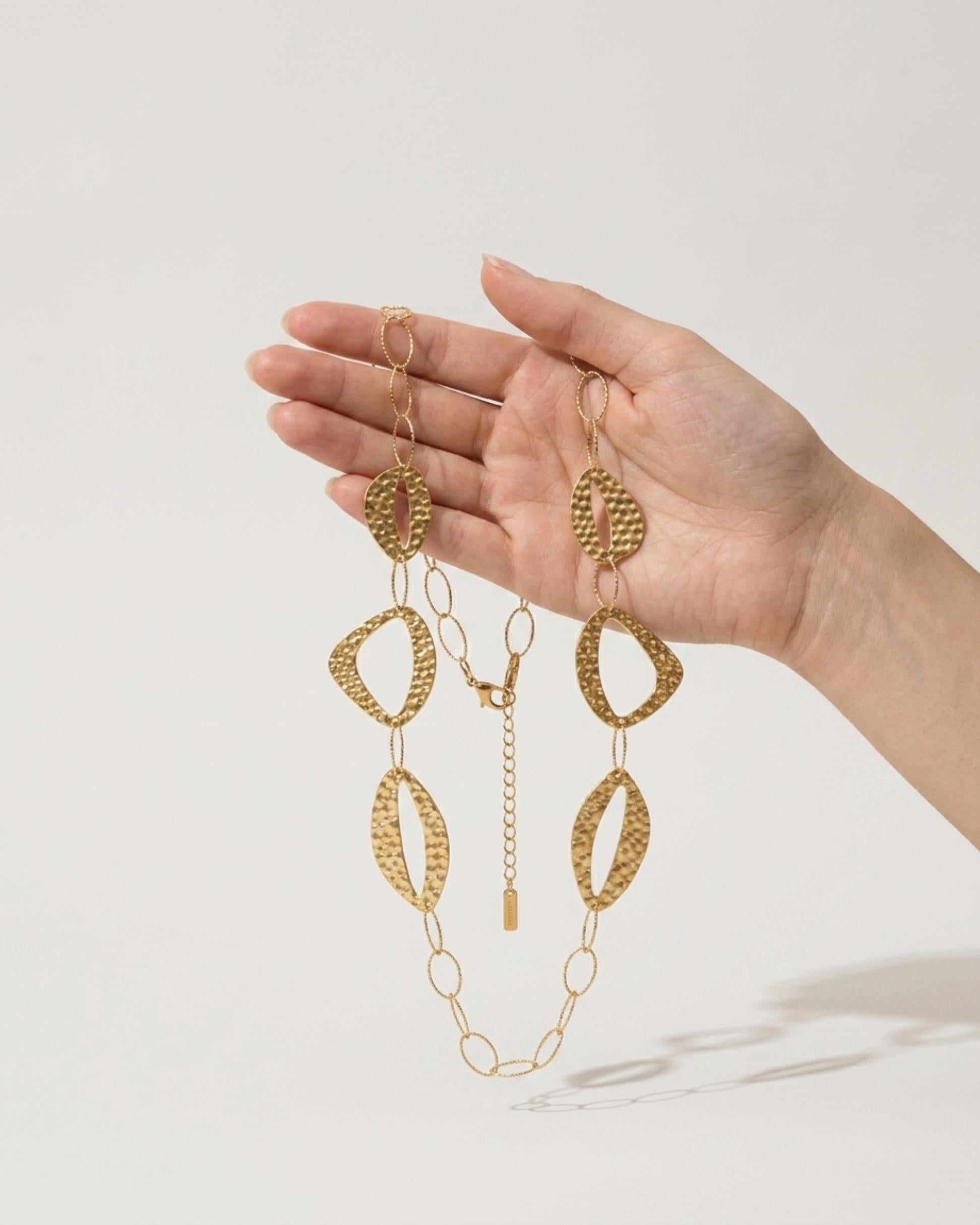 RAGNA Waterproof 18K Gold Plated Long Statement Necklace - Hammered Stainless Steel - DANSK Copenhagen