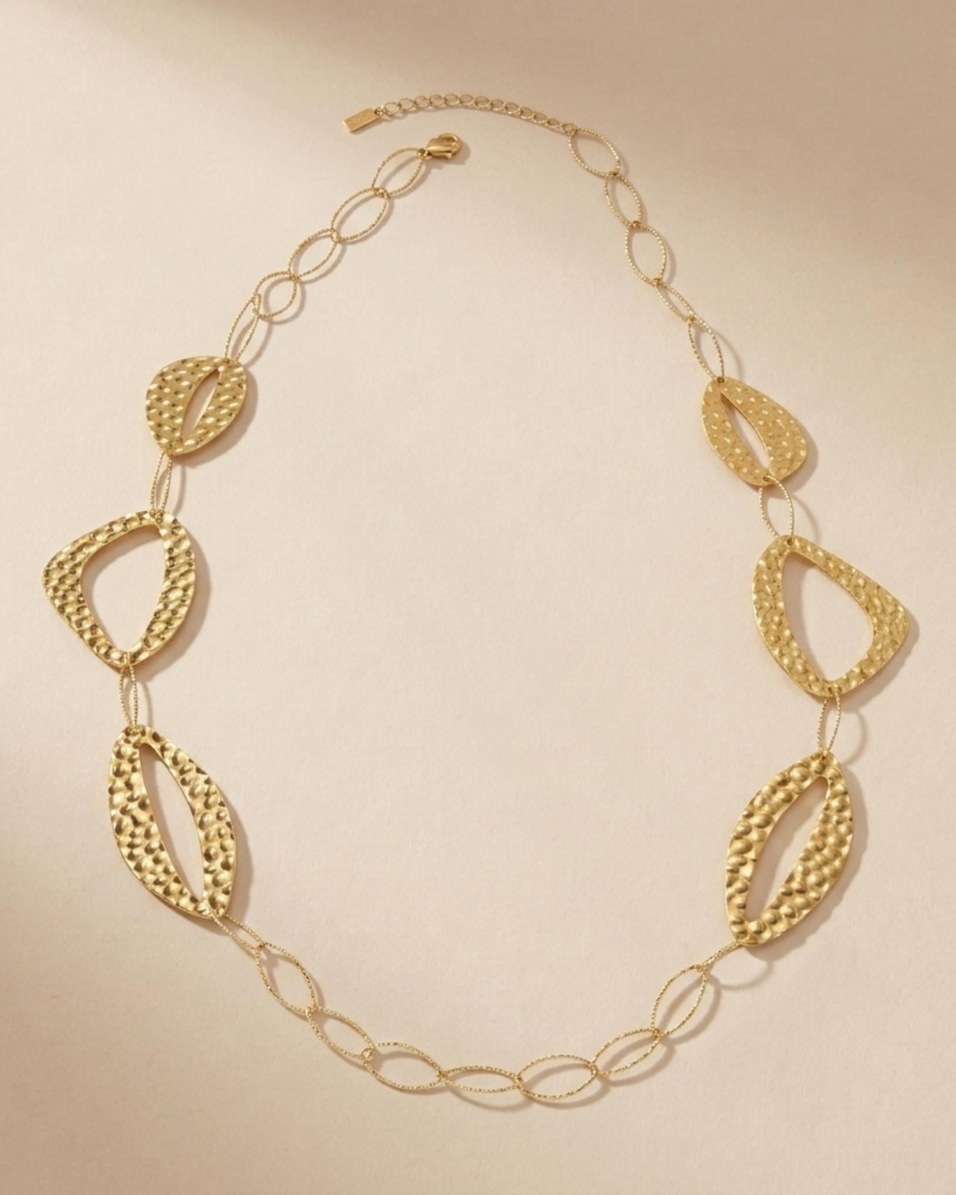 RAGNA Waterproof 18K Gold Plated Long Statement Necklace - Hammered Stainless Steel - DANSK Copenhagen