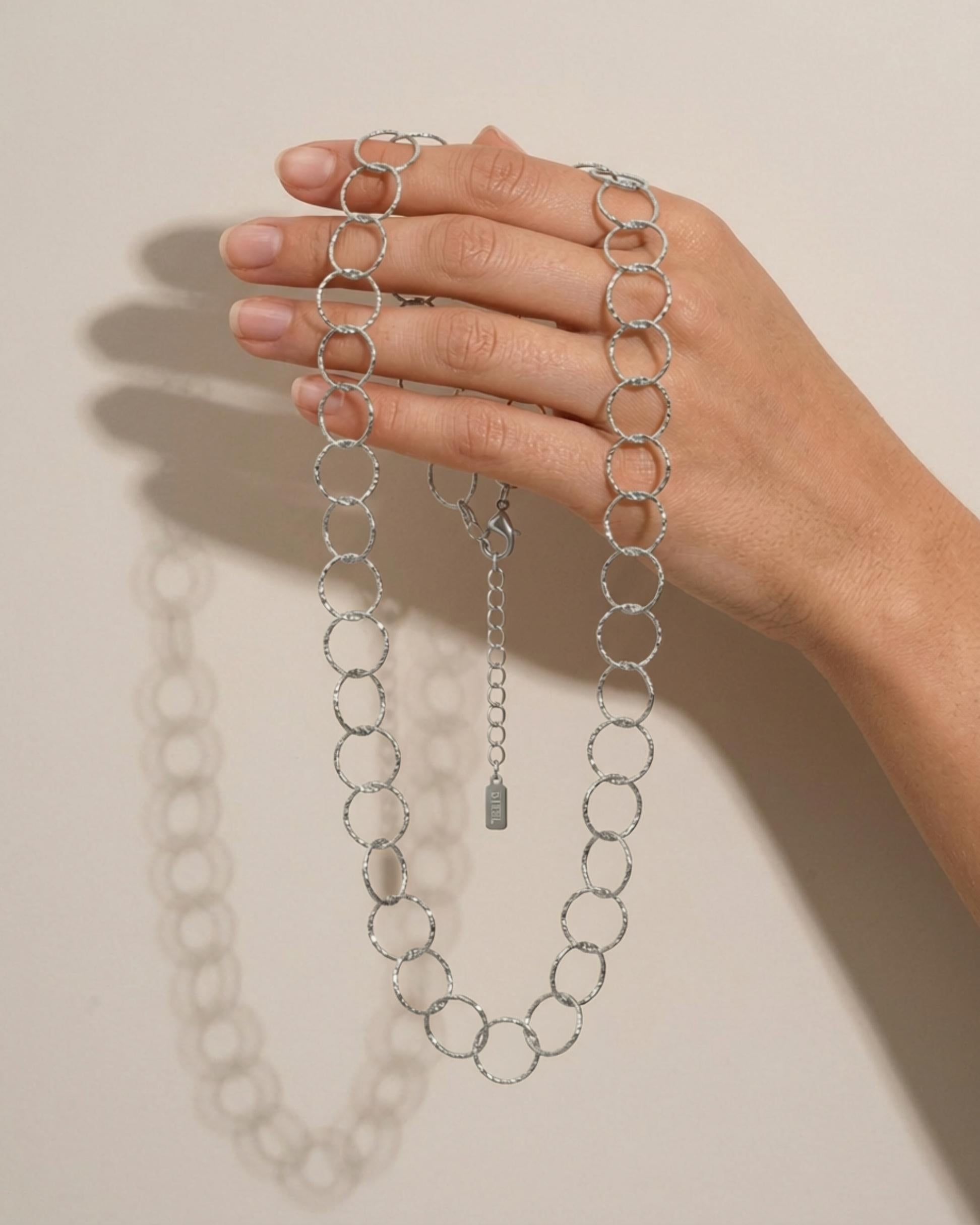 VILJA Waterproof Silver Stainless Steel Round Long Link Necklace - Structured Finish