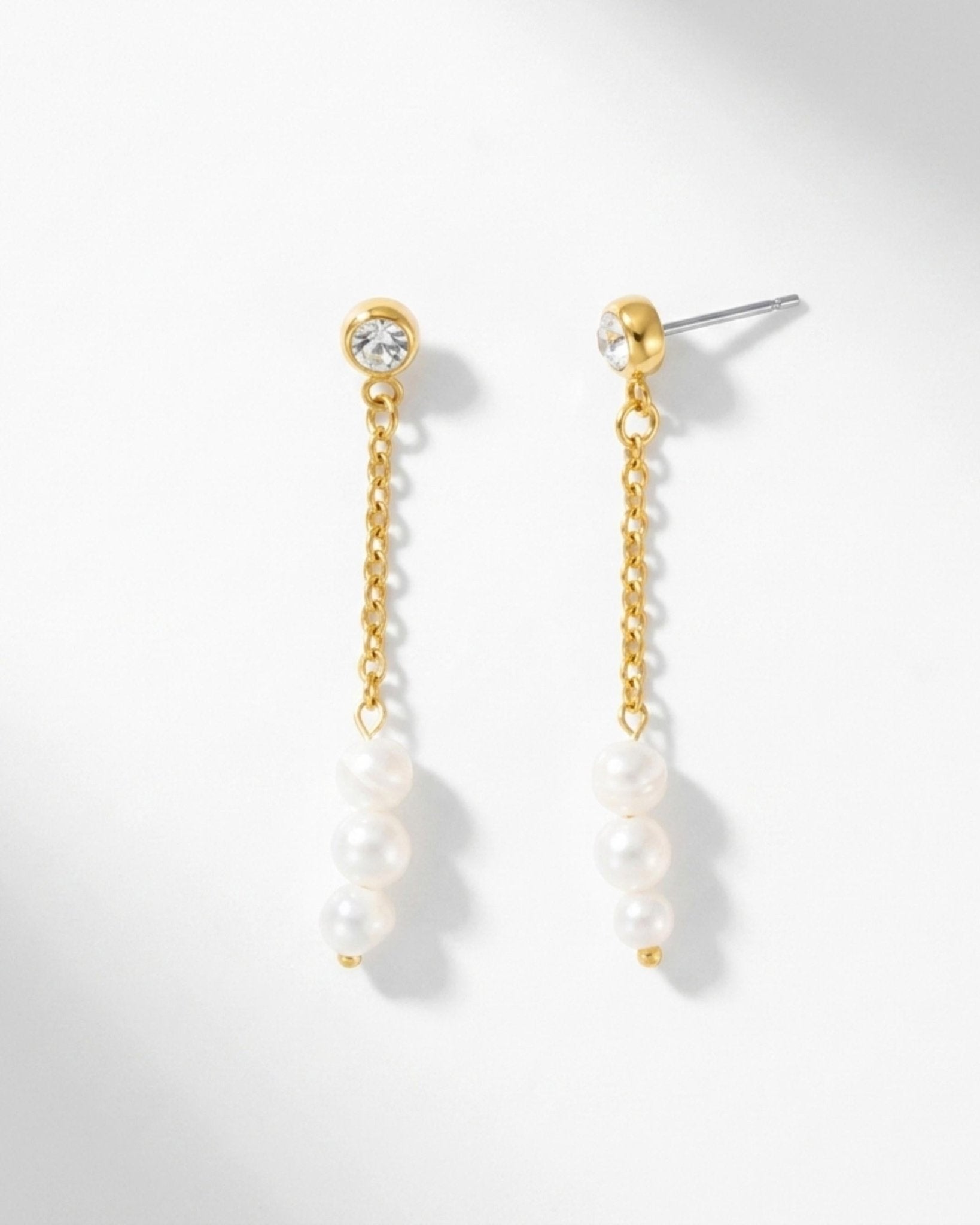 Joy Waterproof Long Post Chain Pearl & CZ Earring 18K Gold Plating - DANSK Copenhagen
