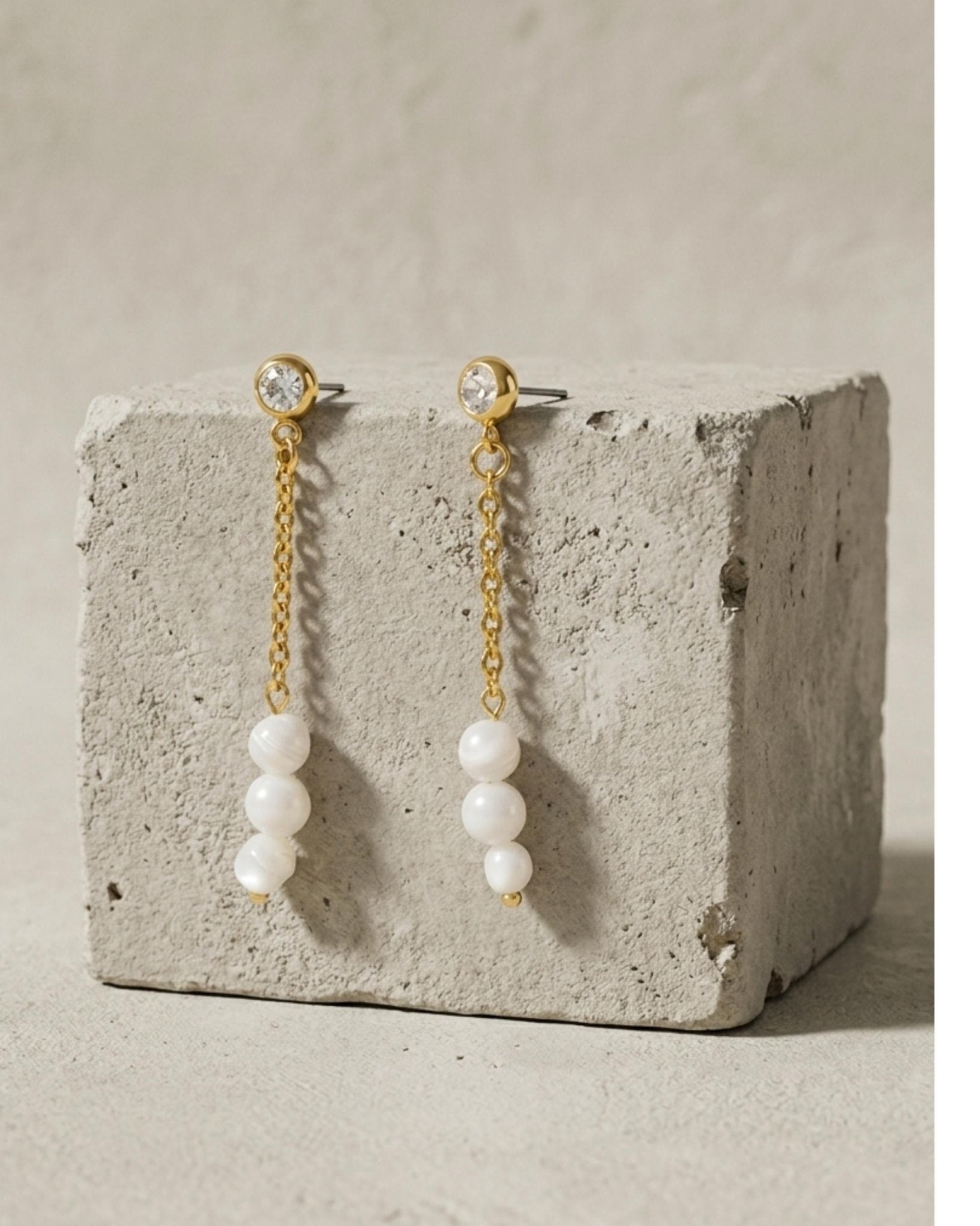 Joy Waterproof Long Post Chain Pearl & CZ Earring 18K Gold Plating - DANSK Copenhagen