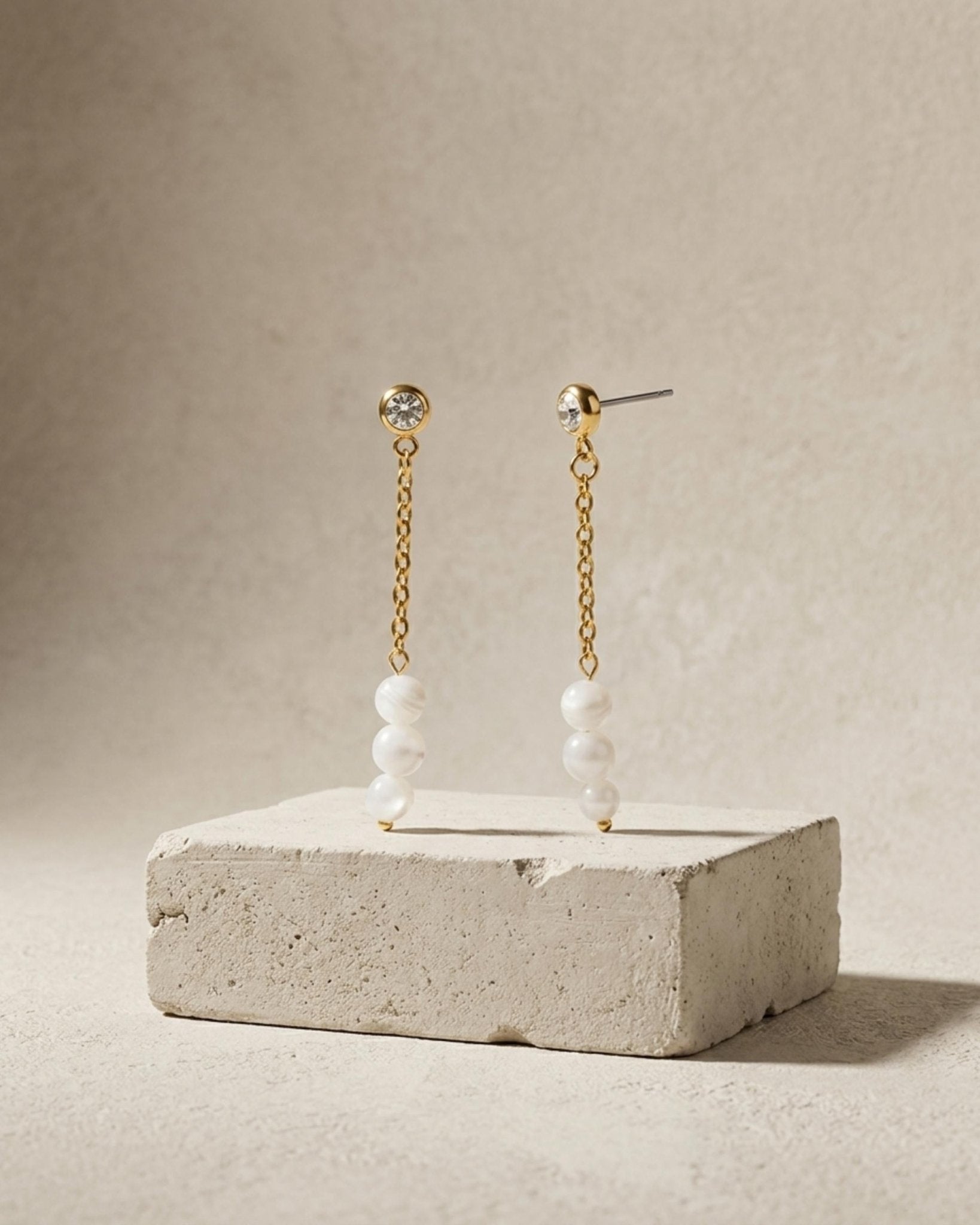 Joy Waterproof Long Post Chain Pearl & CZ Earring 18K Gold Plating - DANSK Copenhagen
