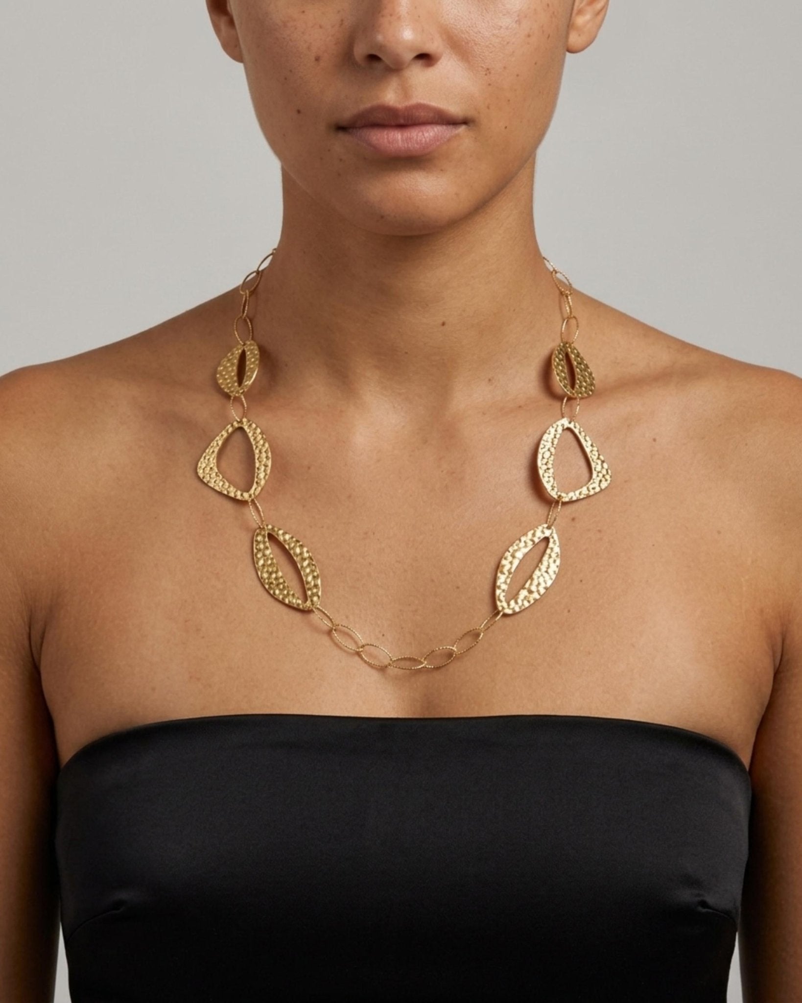 RAGNA Waterproof 18K Gold Plated Long Statement Necklace - Hammered Stainless Steel - DANSK Copenhagen