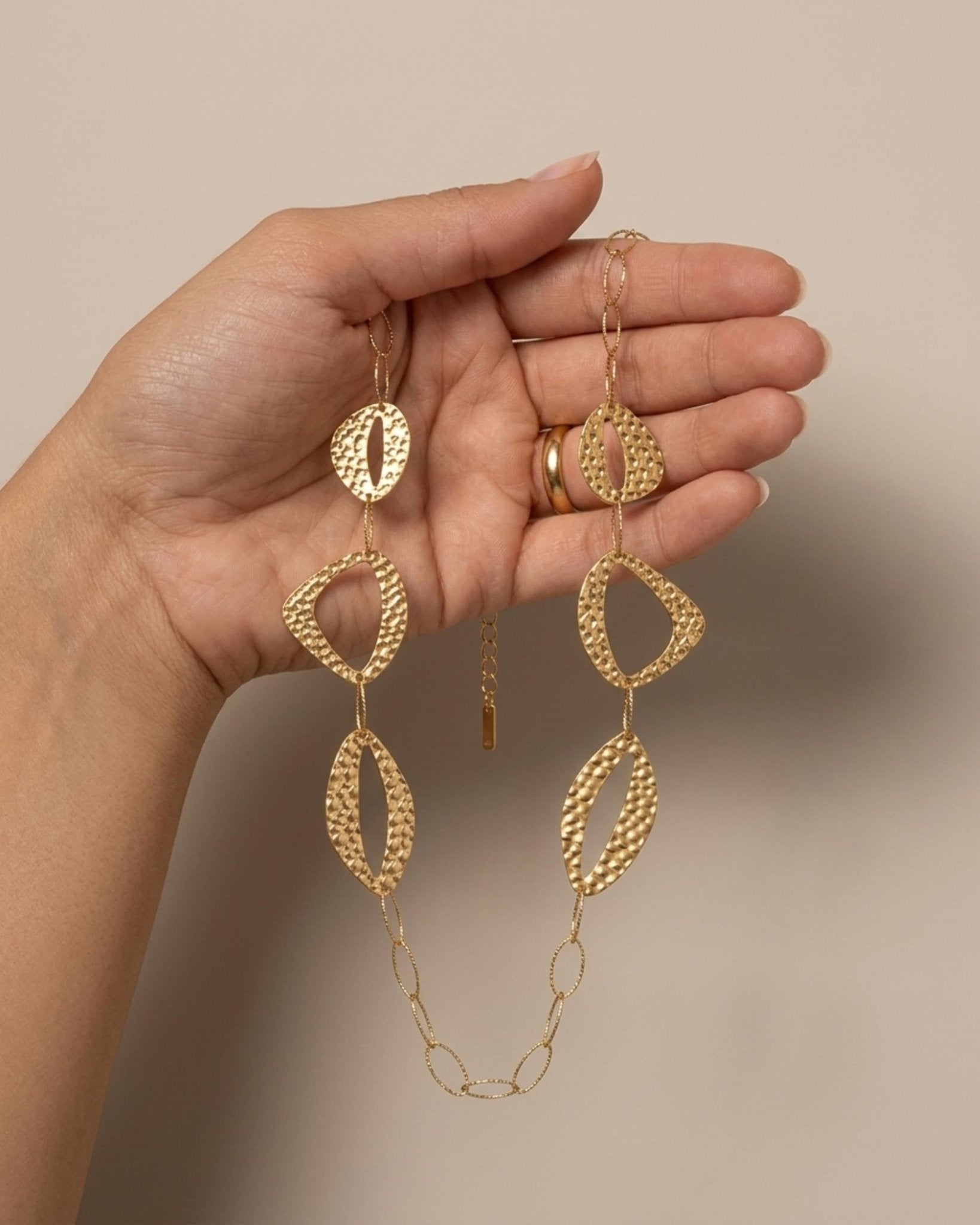 RAGNA Waterproof 18K Gold Plated Long Statement Necklace - Hammered Stainless Steel - DANSK Copenhagen