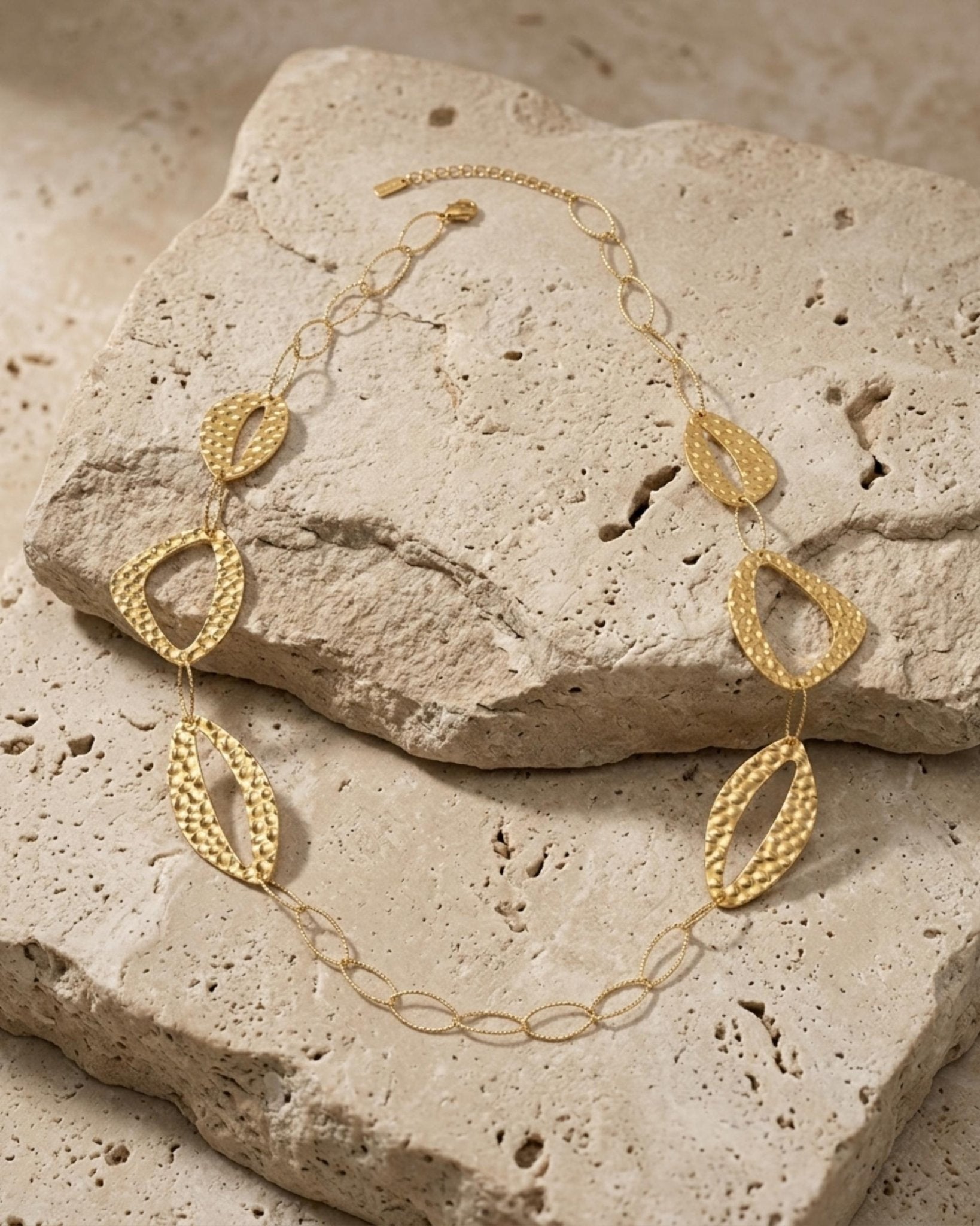 RAGNA Waterproof 18K Gold Plated Long Statement Necklace - Hammered Stainless Steel - DANSK Copenhagen