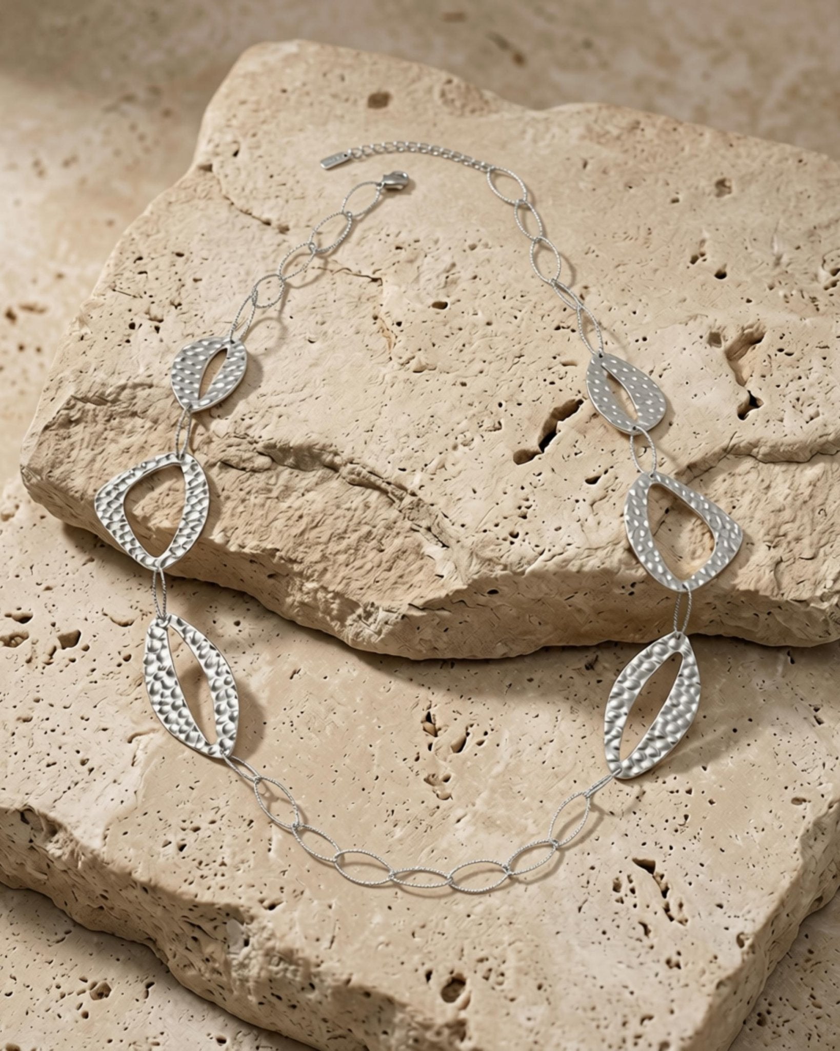 RAGNA Waterproof Silver Stainless Steel Long Statement Necklace - Hammered Finish - DANSK Copenhagen
