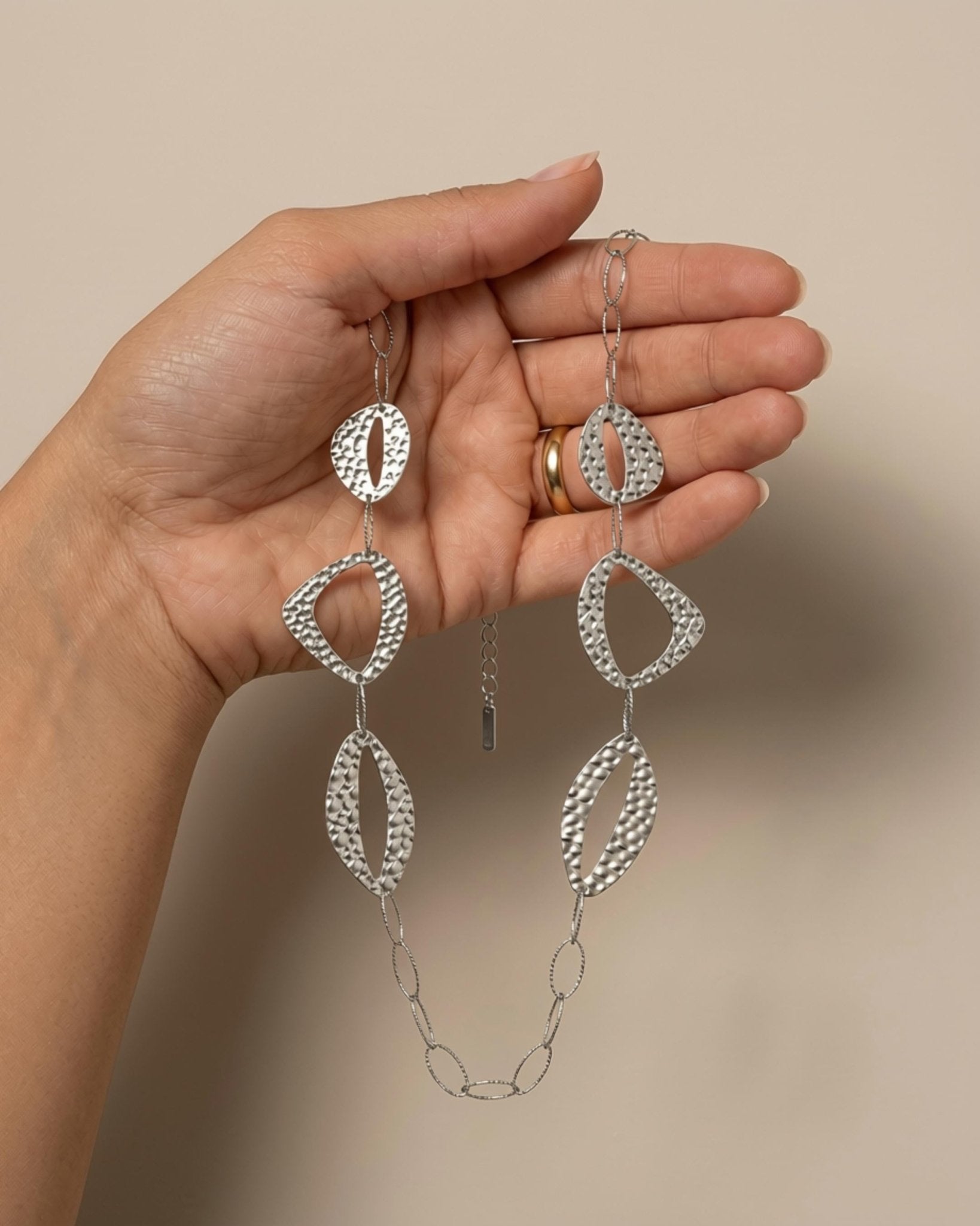 RAGNA Waterproof Silver Stainless Steel Long Statement Necklace - Hammered Finish - DANSK Copenhagen