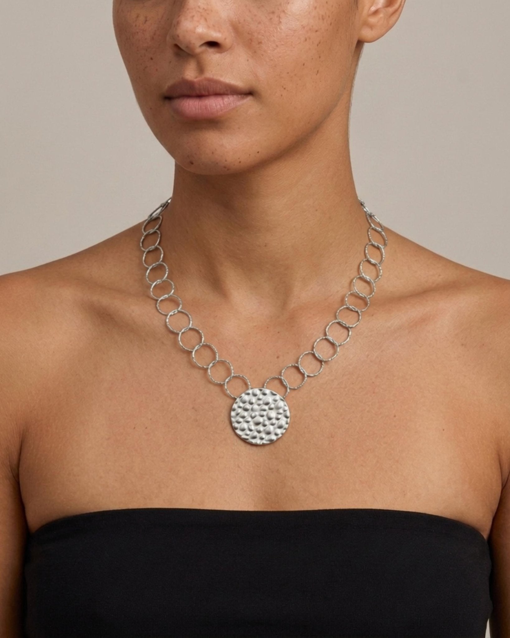 VILJA Waterproof Silver Stainless Steel Short Statement Necklace - Hammered/Polished Finish - DANSK Copenhagen