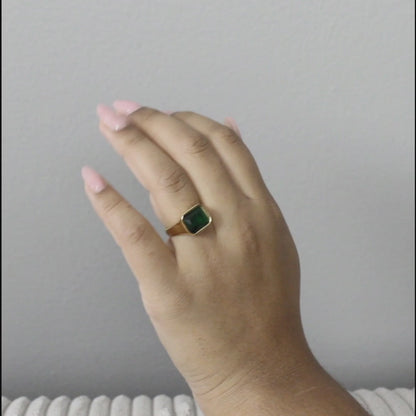 Hope Waterproof Crystal Signet Ring 18K Gold Green CZ